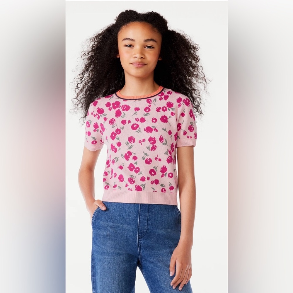 Free Assembly Girls Short Sleeve Intarsia Sweater Top L (10/12) Flowers - Picture 1 of 7
